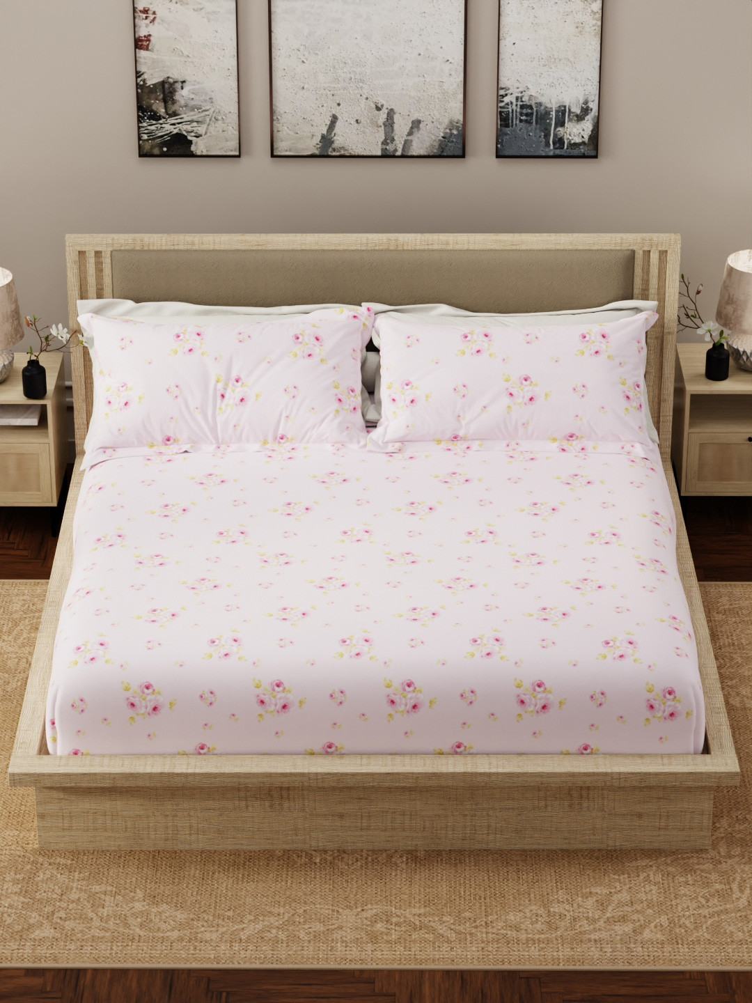 Boutique Living India Nature Bouquet Pink Printed Cotton 300TC King Bedsheet 2.74 x 2.74m
