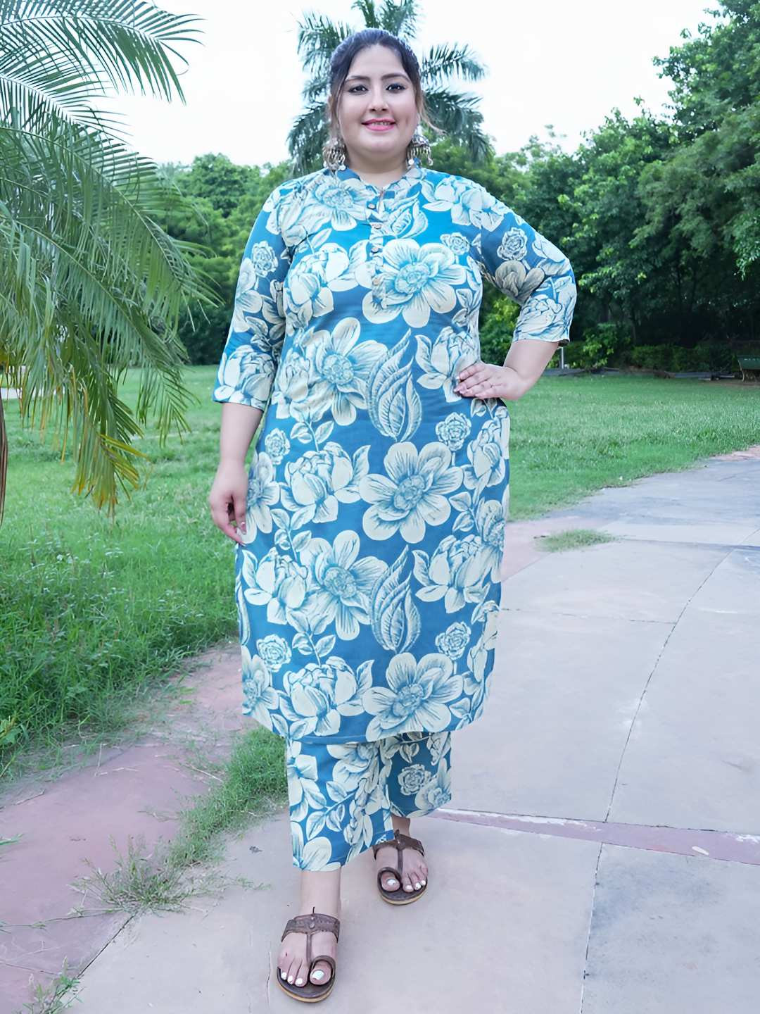 SINSINI Women Plus Size Floral Printed Cotton Kurta with Trousers