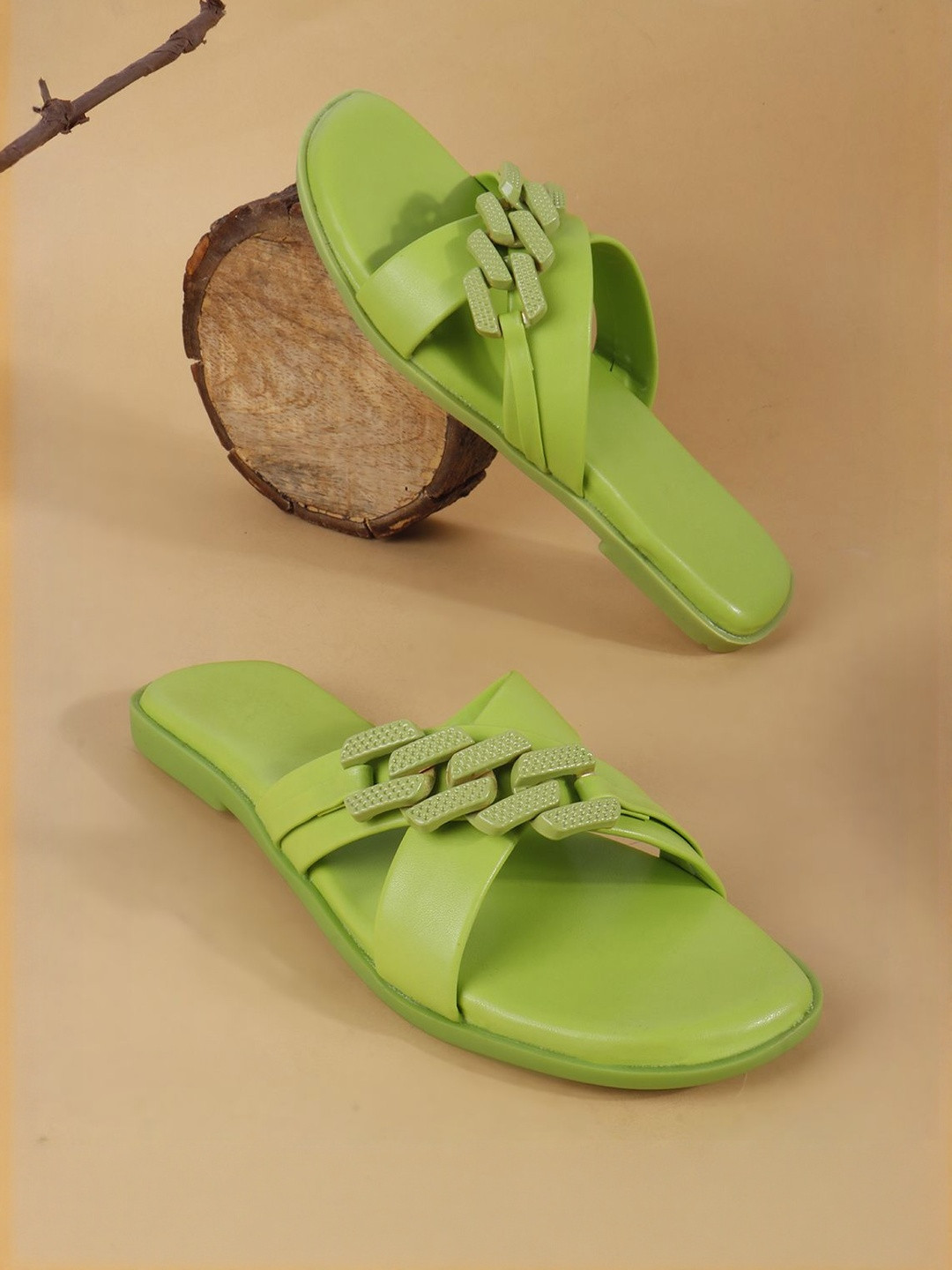 HERE&NOW Women Green Metallic Detail Open Toe Flats