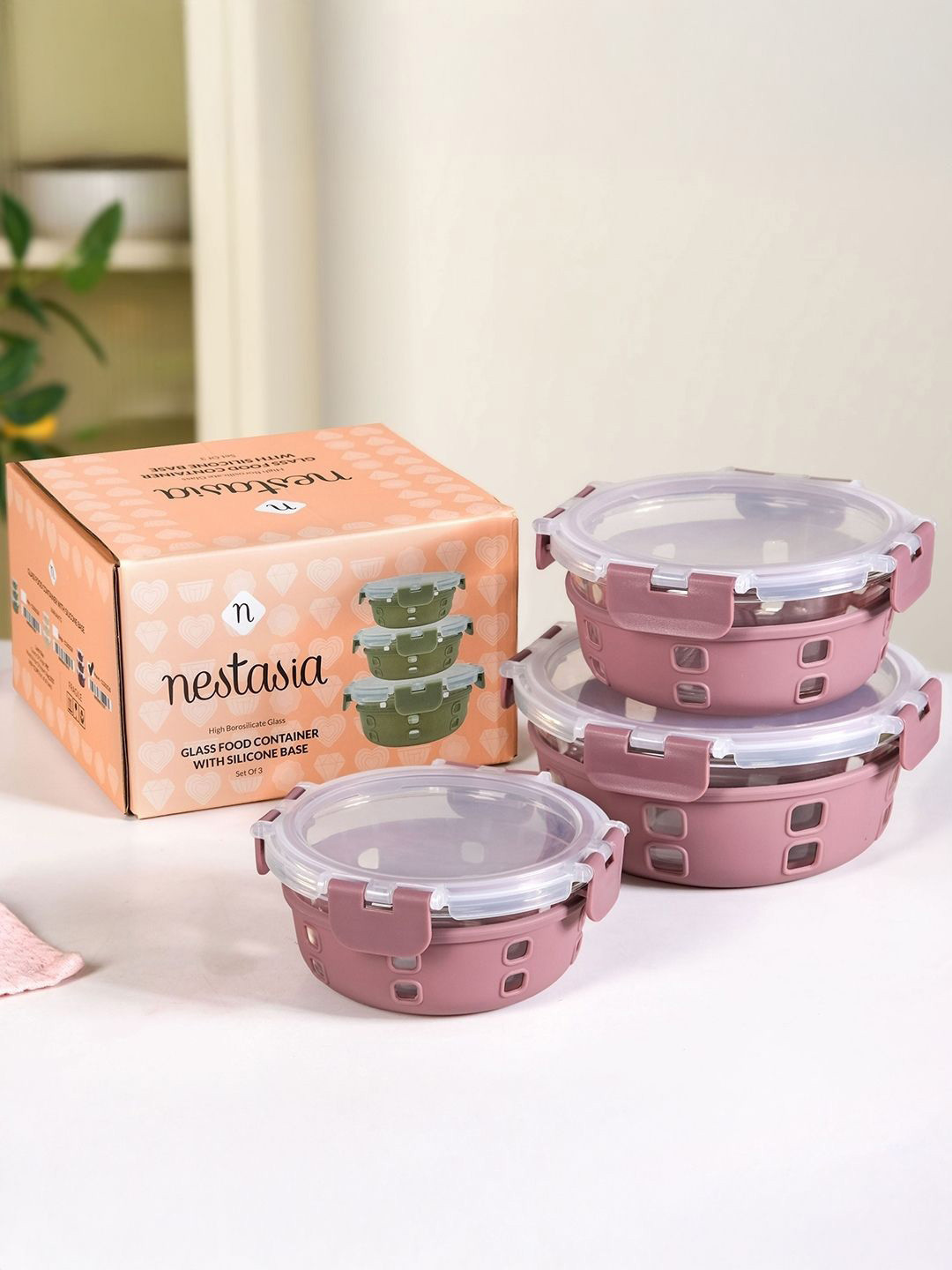 Nestasia Unisex Mauve 3 Pieces Food Storage Glass Containers