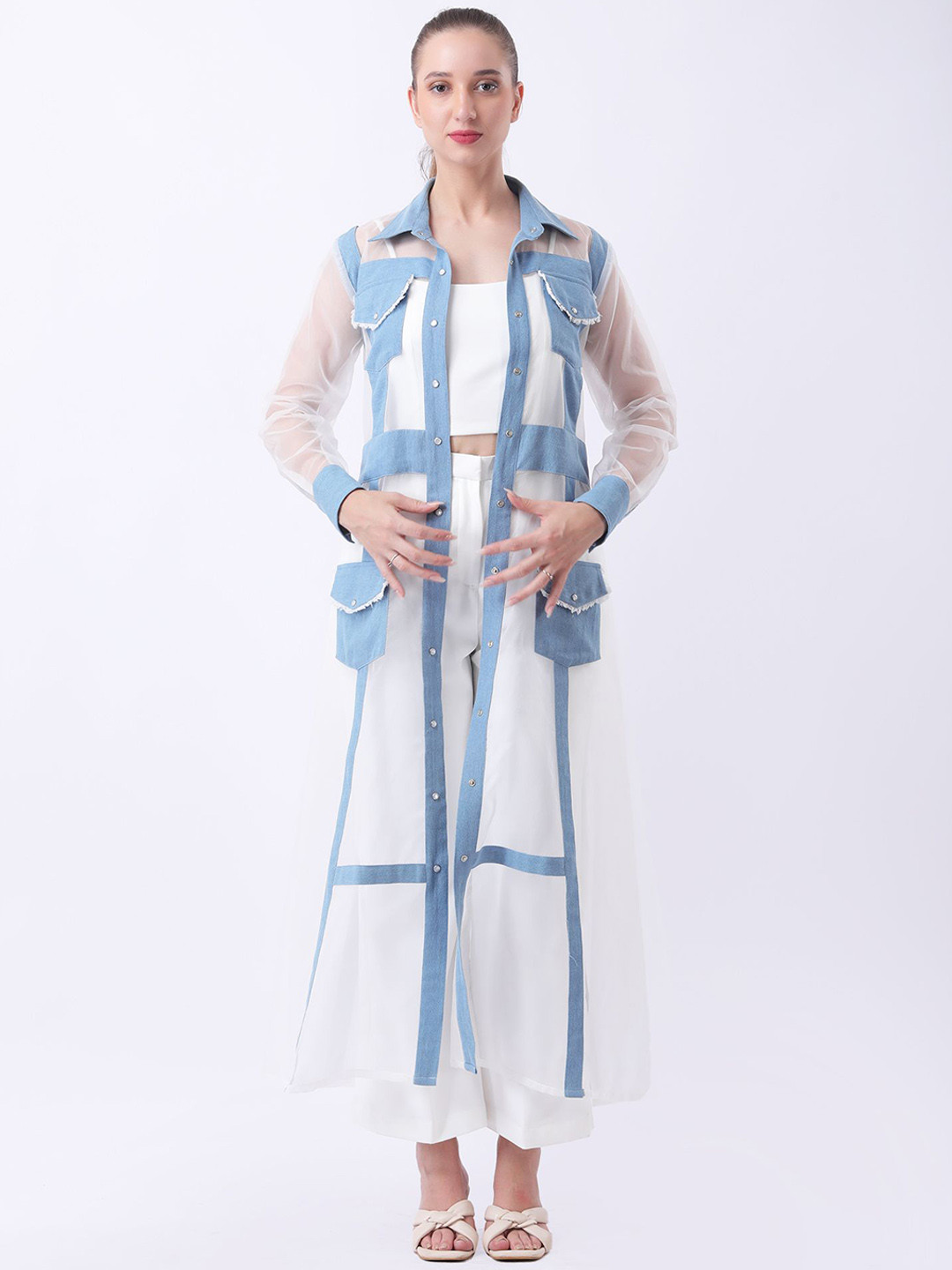 Fashion Gaiia Round Neck Crop Top With Trousers & Sheer Panel Jacket