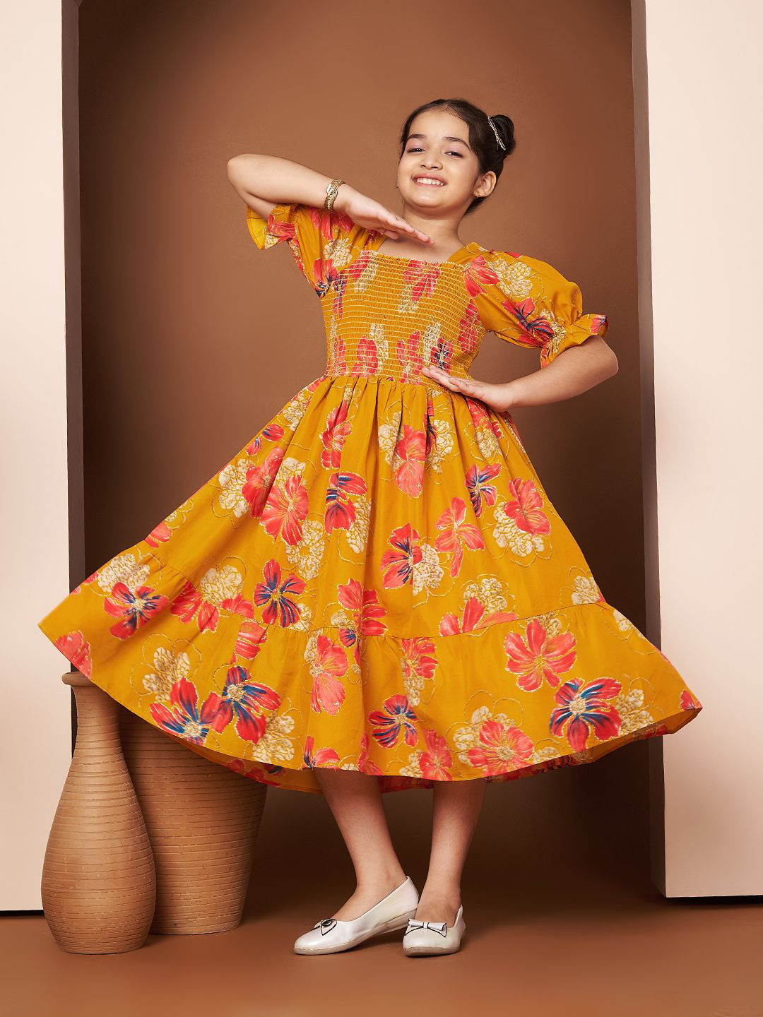 ZWERLON Girls Floral Printed Bell Sleeve Fit-Flare Midi Dress