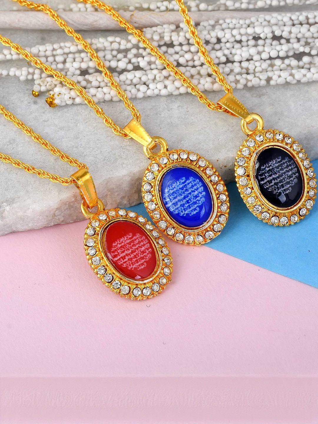 Missmister Pack Of 3 Gold plated CZ Quran Verse Pendants with Chains