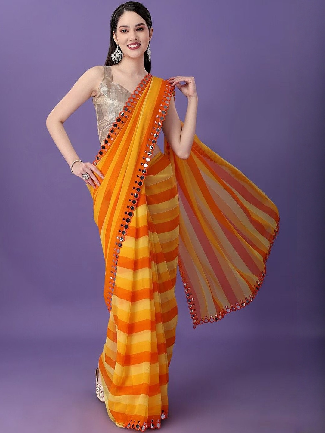 CANIZZARO Striped Mirror Work Embellished Pure Georgette Saree With Unstitched Blouse