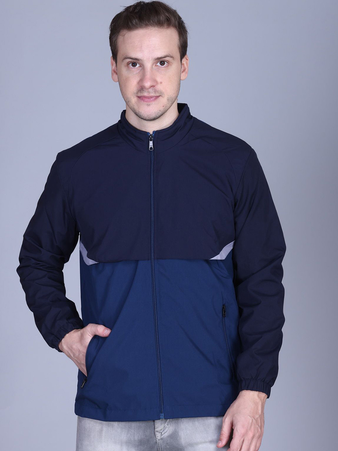 SPORTIZM Mock Collar Water Resistant Open Front Jacket With Embroidered