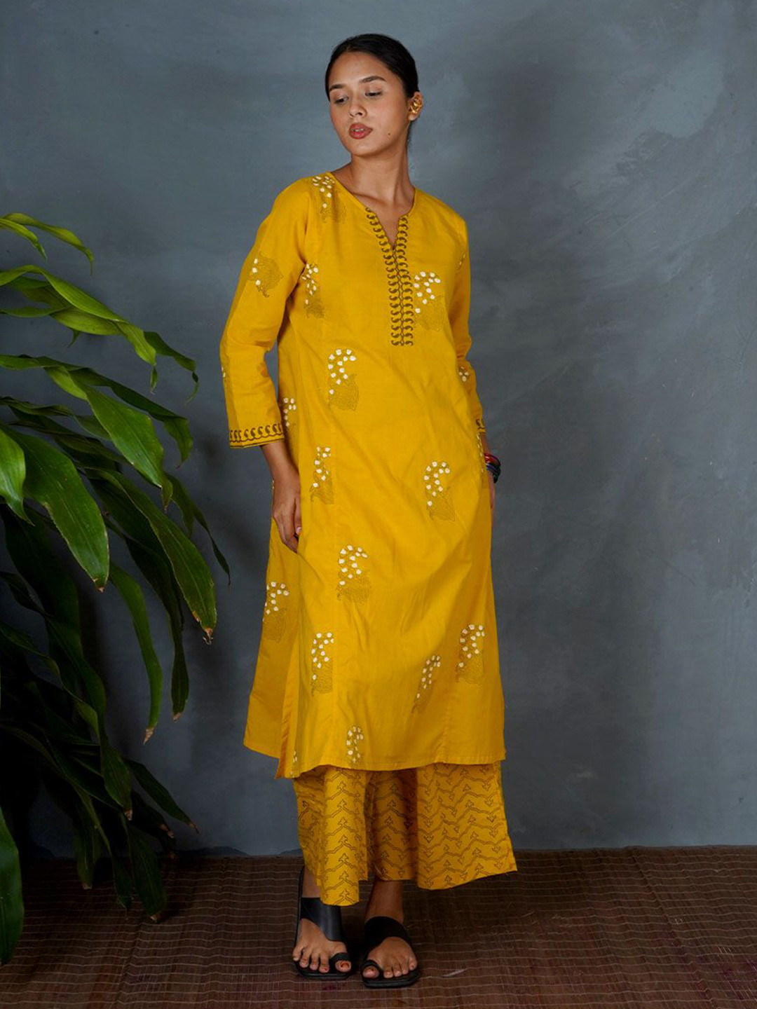 Chidiyaa MYA Women Kyra Yellow Hand Block Pure Cotton Printed Kurti
