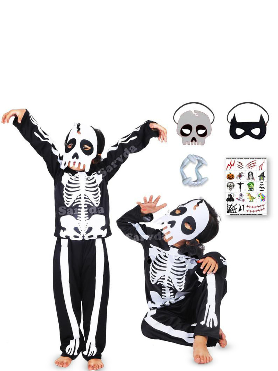 Sarvda Kids Pack of 2 Halloween Printed Round Neck Costume Skeleton 2 Mask A-Line Dress