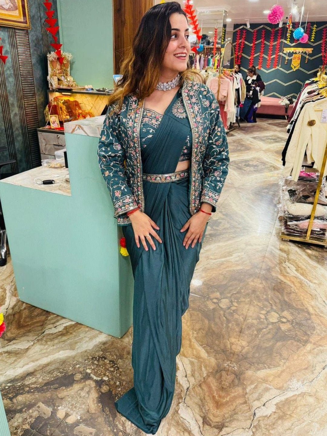 A.G.M.G FASHION Floral Embroidered Satin Sequinned Saree With Blouse & Jacket