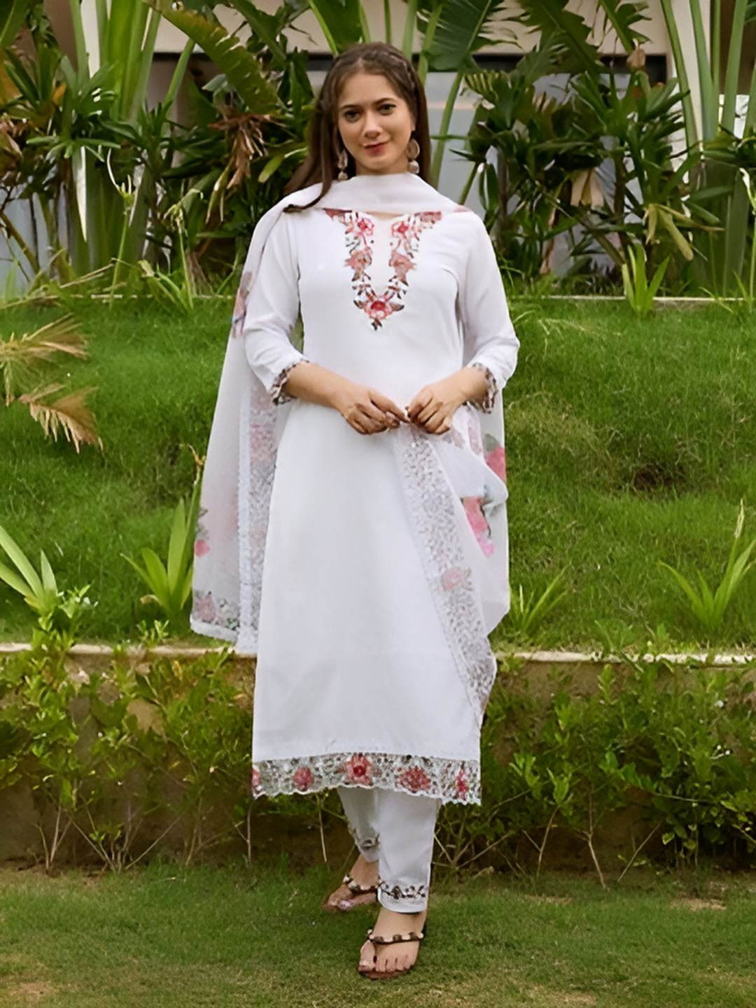 S.K.C Floral Embroidered Chanderi Silk Kurta With Trousers & Dupatta