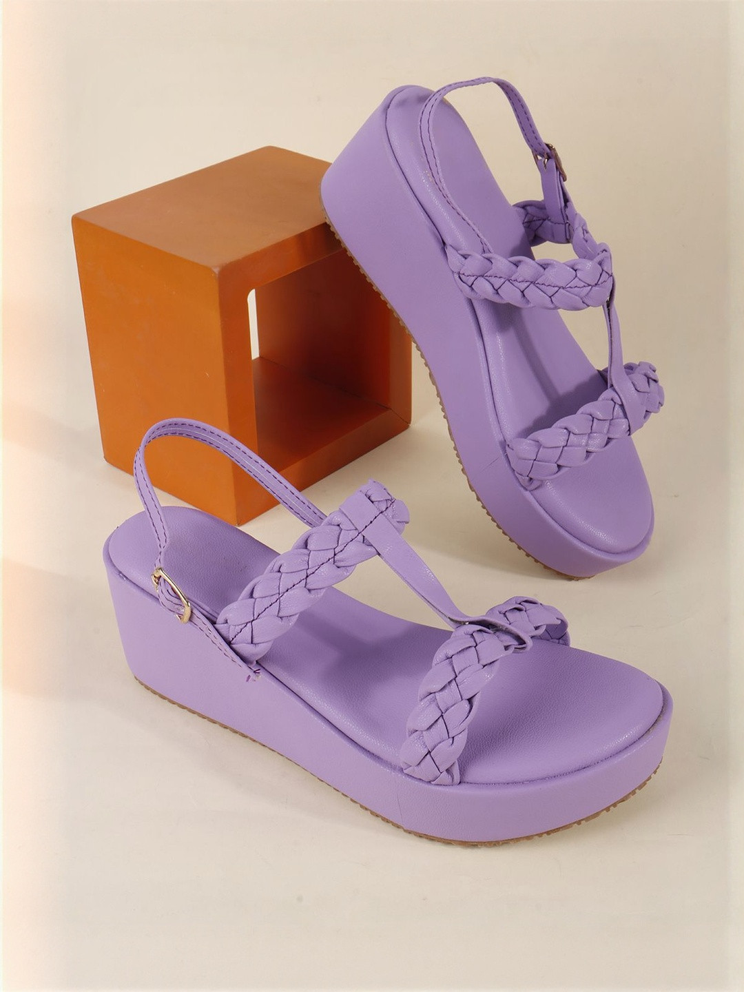 HERE&NOW Women Purple Braided Detail Open Toe Wedge Sandals