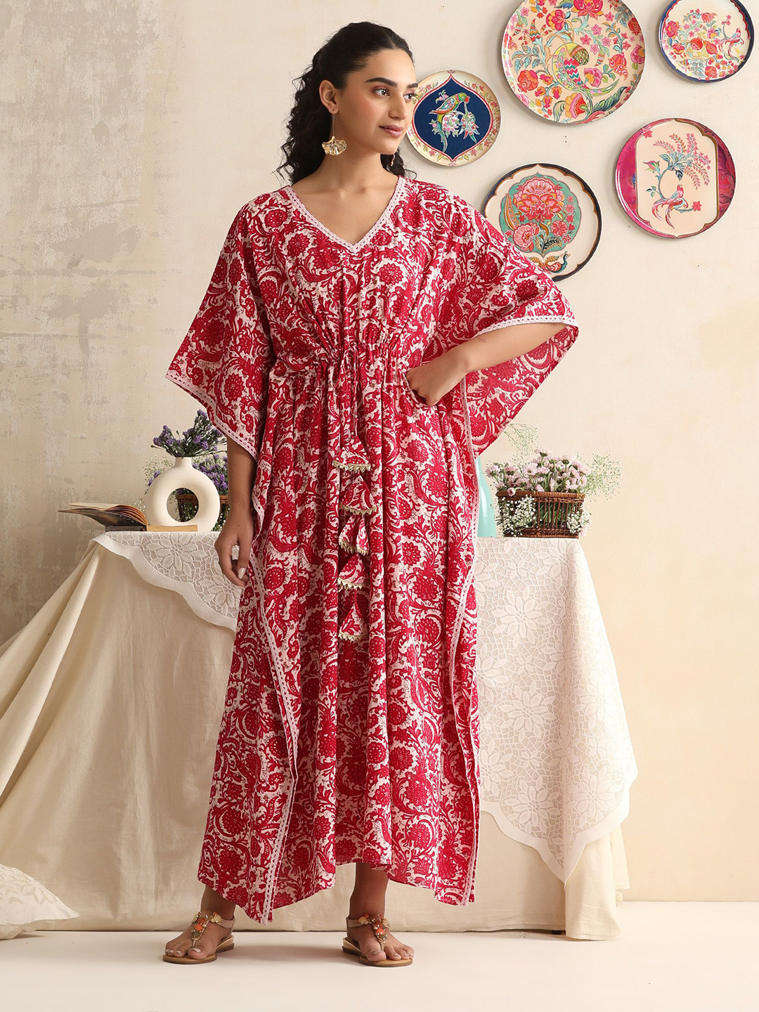 Khushal K Women Floral Printed Maxi Kaftan Nightdress