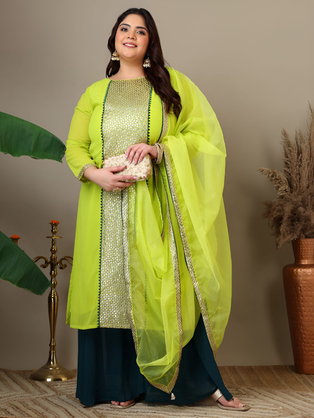INDDUS PLUS Women Plus Size Geometric Foil and Zari Embroidered Kurta Set with Dupatta