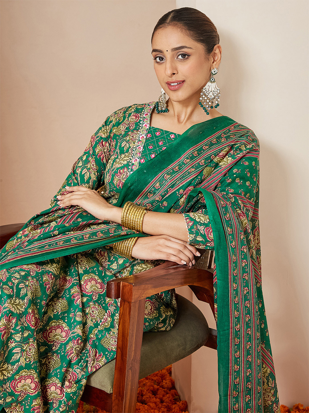 Janasya Women Dark Green Floral Printed Yoke Embroidered A-line Pure Cotton Kurta Set