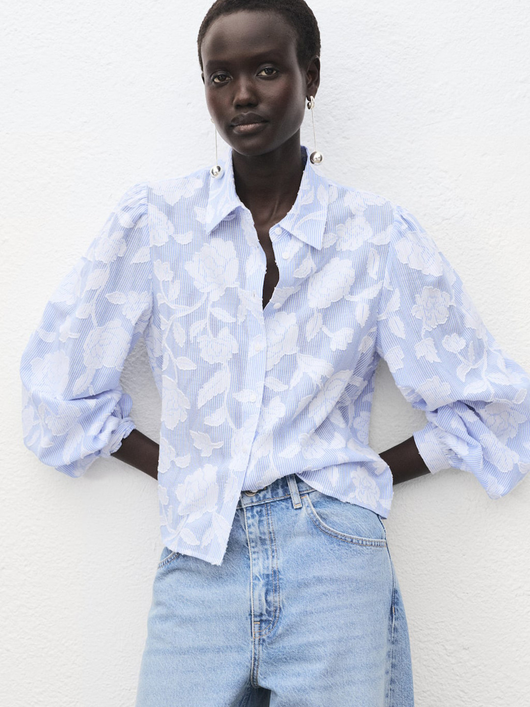 MANGO Floral Applique Detail Striped Casual Shirt