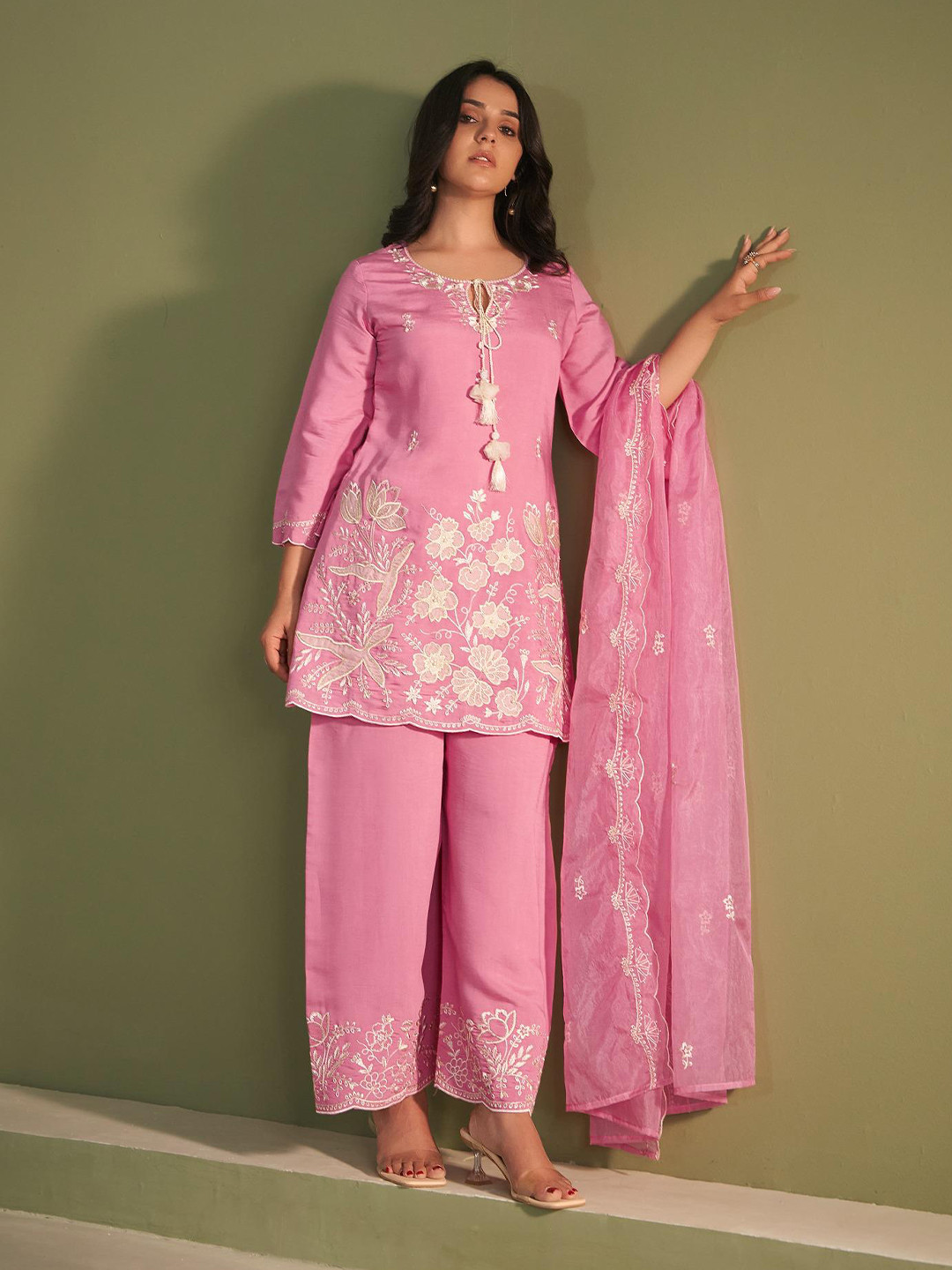 AUTUMN LANE Ira Punch Floral Embroidered Thread Work Pure Cotton Suit Set
