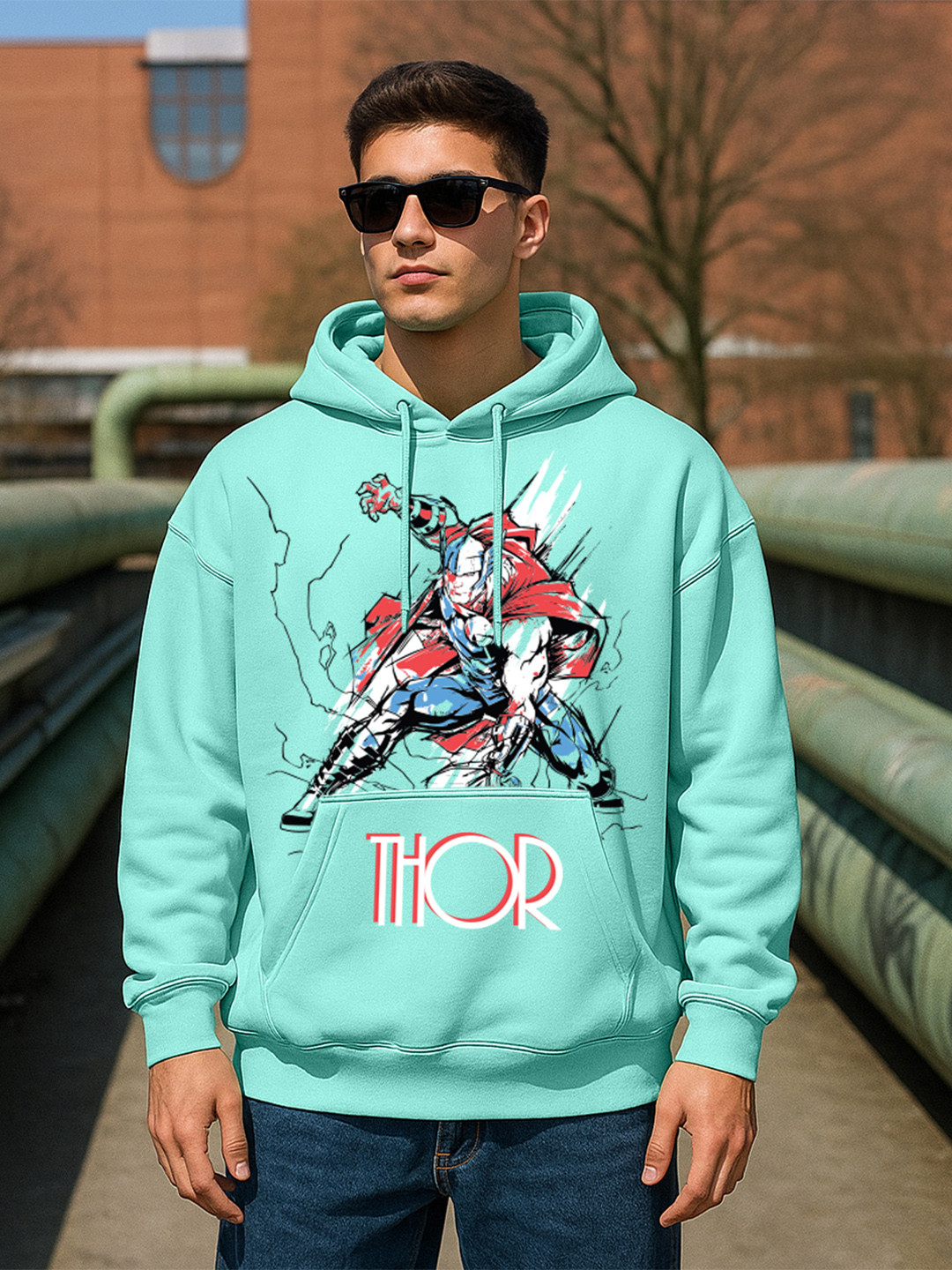 VEIRDO Marvel Thor Green Printed Cotton Fleece Regular Fit Hooded Pullover Sweatshirt