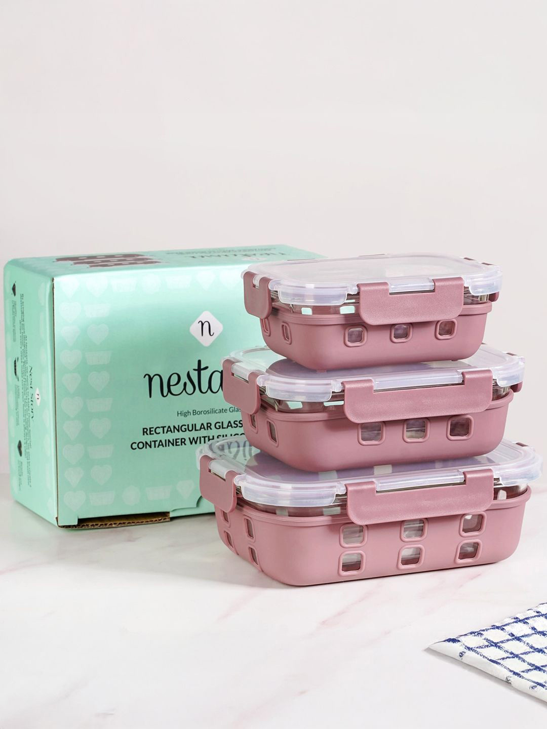 Nestasia Unisex Mauve 3 Pieces Lunch Box Glass Containers