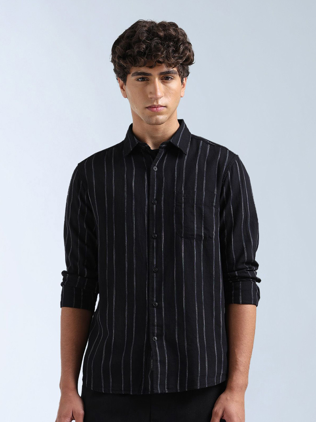 Flying Machine Striped Spread Collar Long Sleeves Cotton Shirt