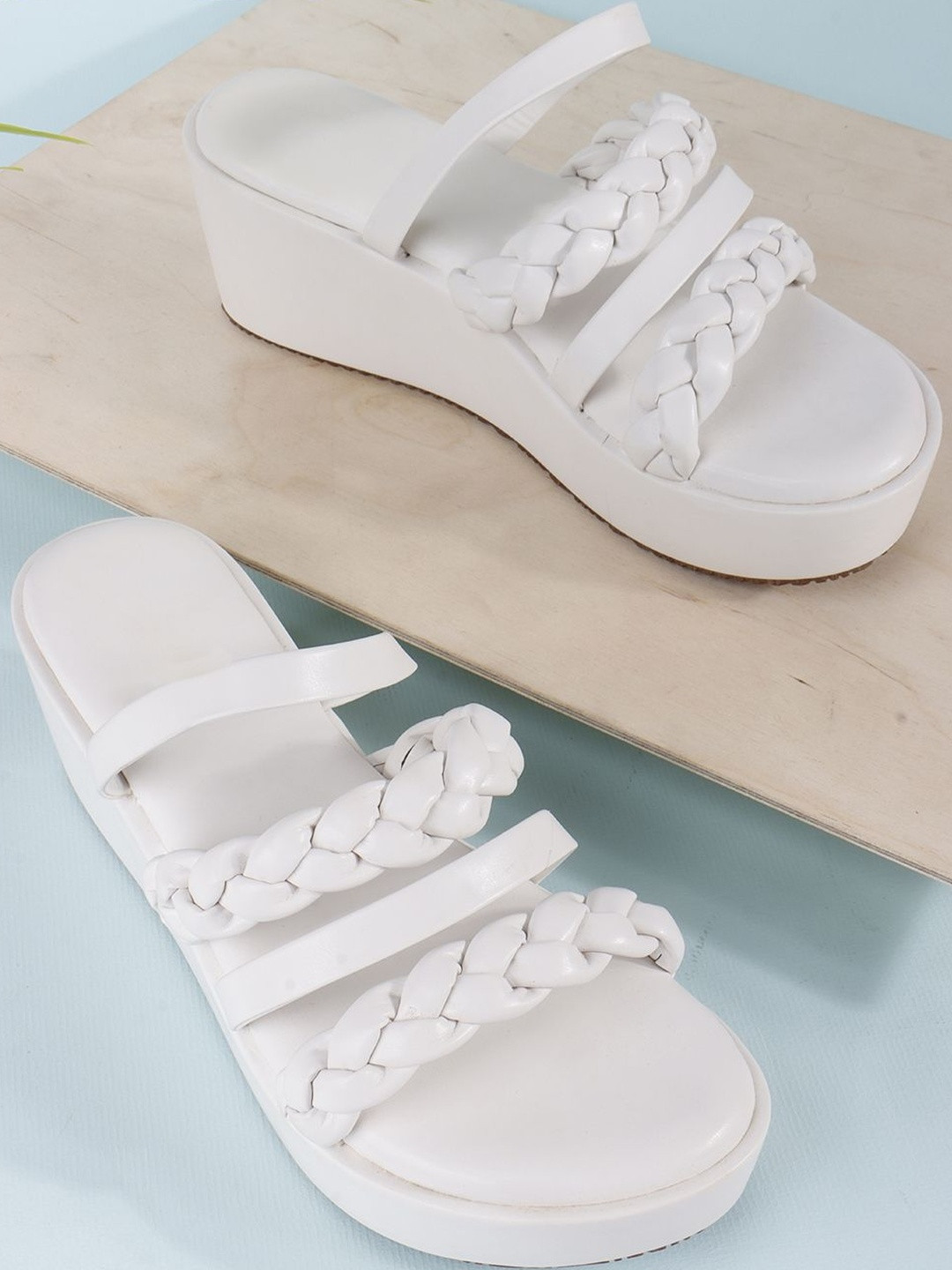 HERE&NOW Women White Braided Detail Strappy Wedge Sandals