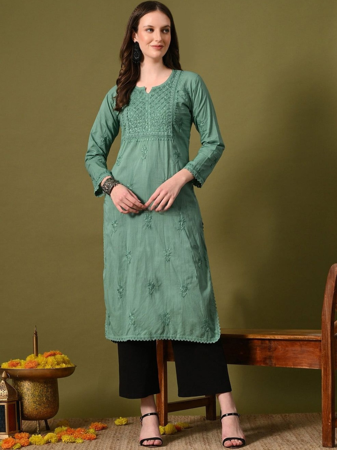 MALABIS Women Green Dyed Mulmul Cotton Chikankari Kurti with Lace Detailing