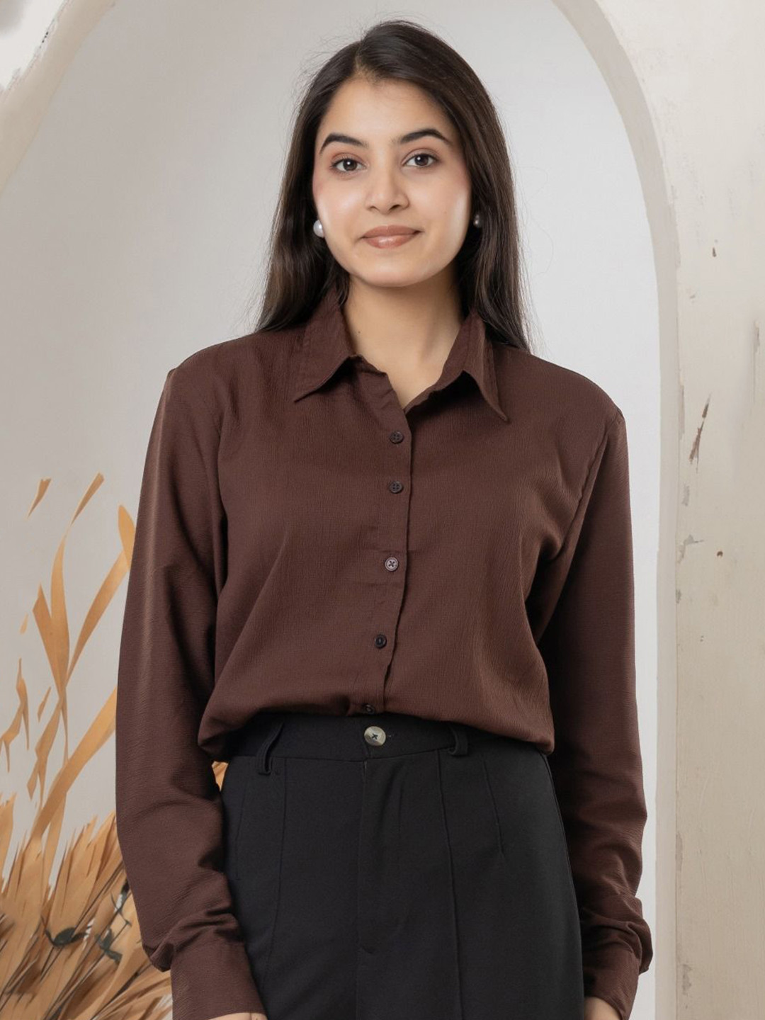 MAGHMA Women Comfort Fit Textured Spread Collar Regular Fit Casual Shirt