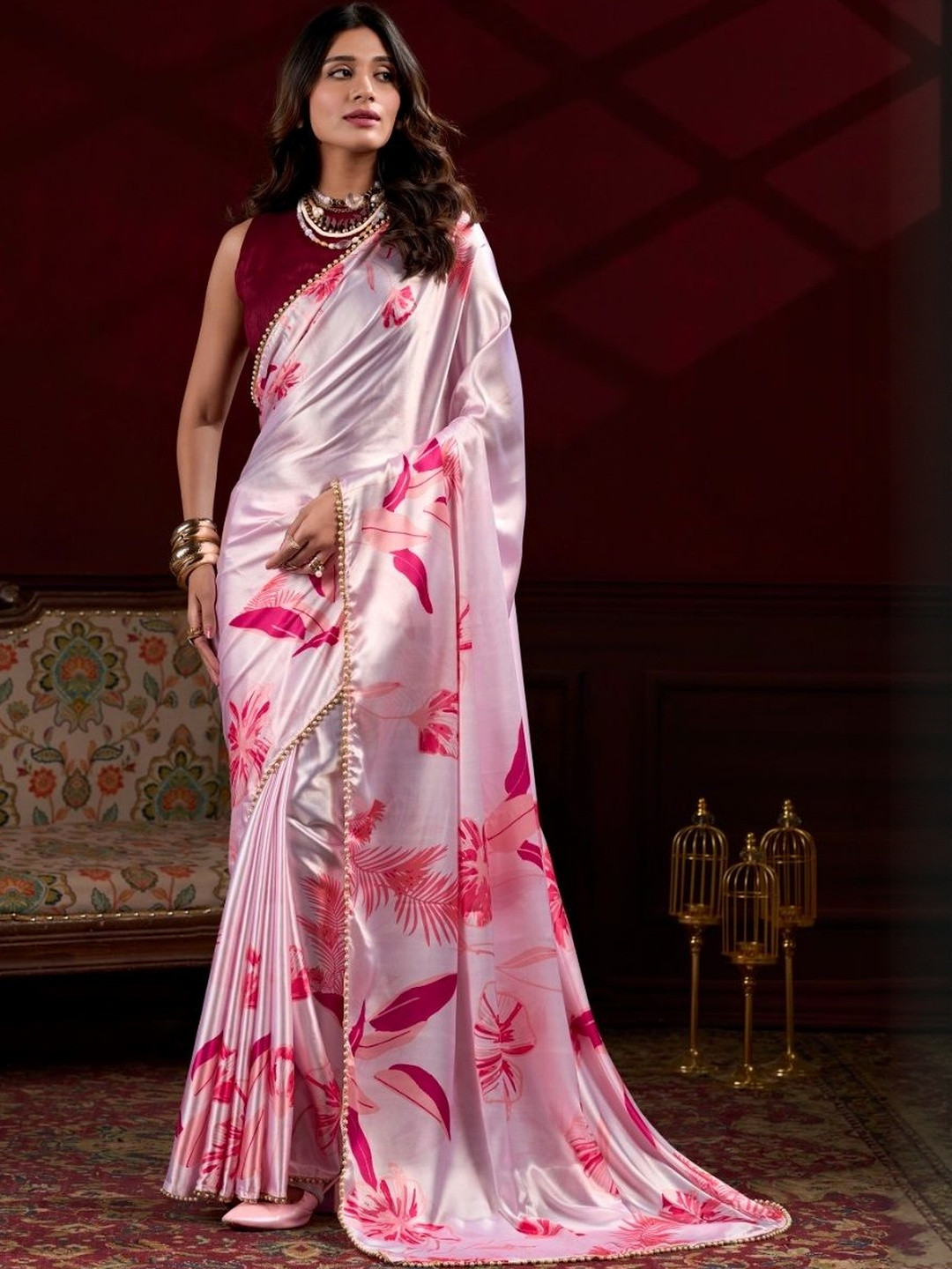 CANIZZARO Floral Embelished Satin Saree