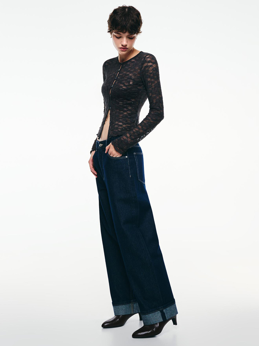 Bershka Women Self Design Round Neck Lace Cardigan