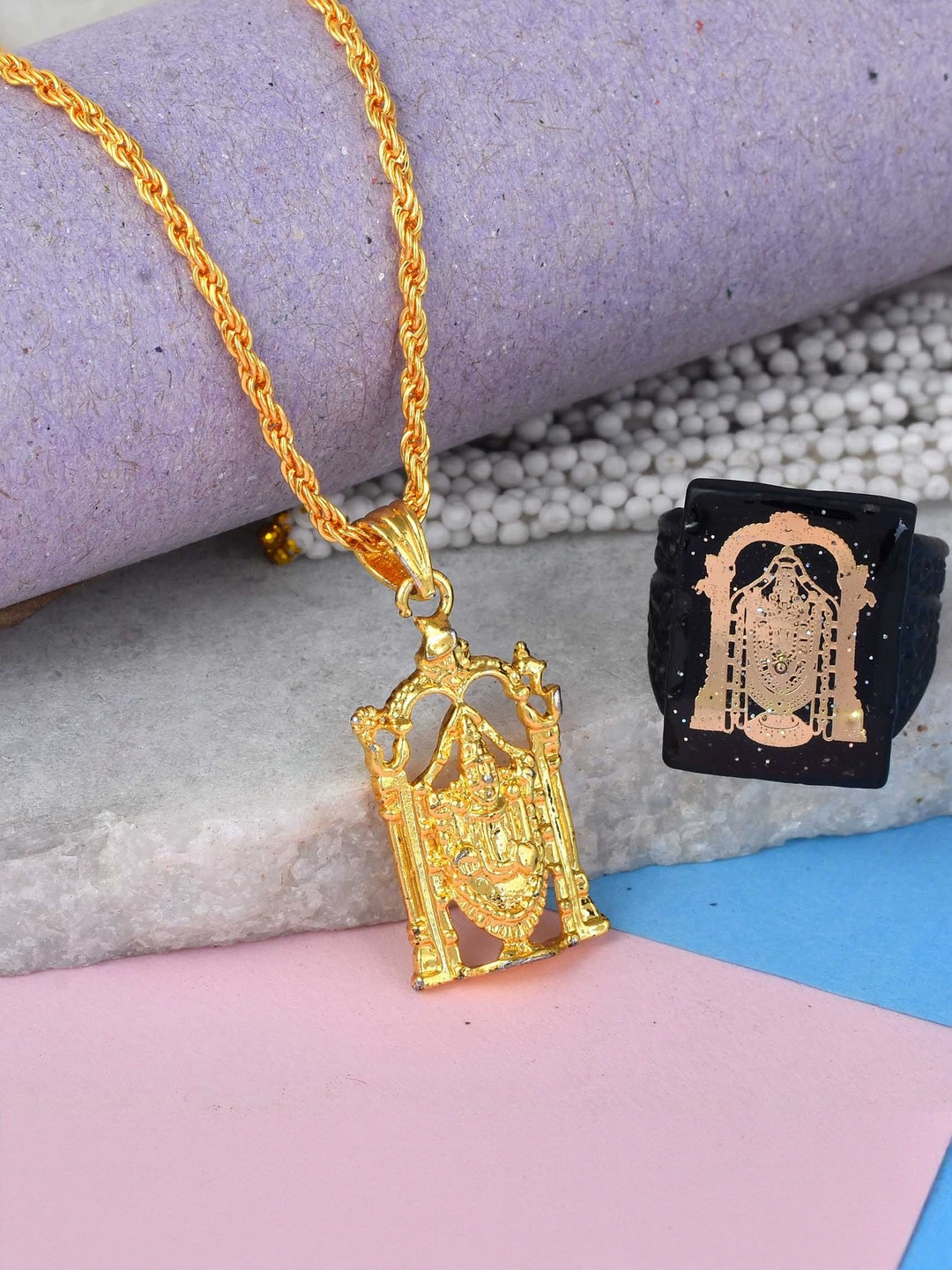 MEMOIR Gold-Plated Tirupati Pendant & Fingerring Combo