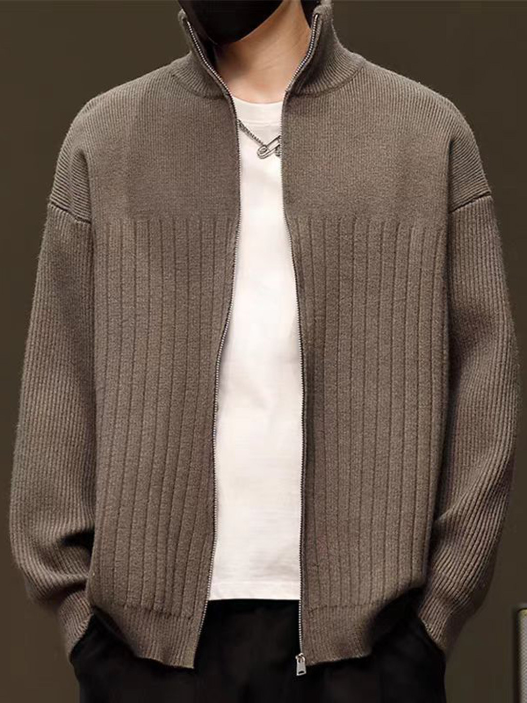 StyleCast Men Striped High Neck Long Sleeves Zip Closure Front Open Sweaters