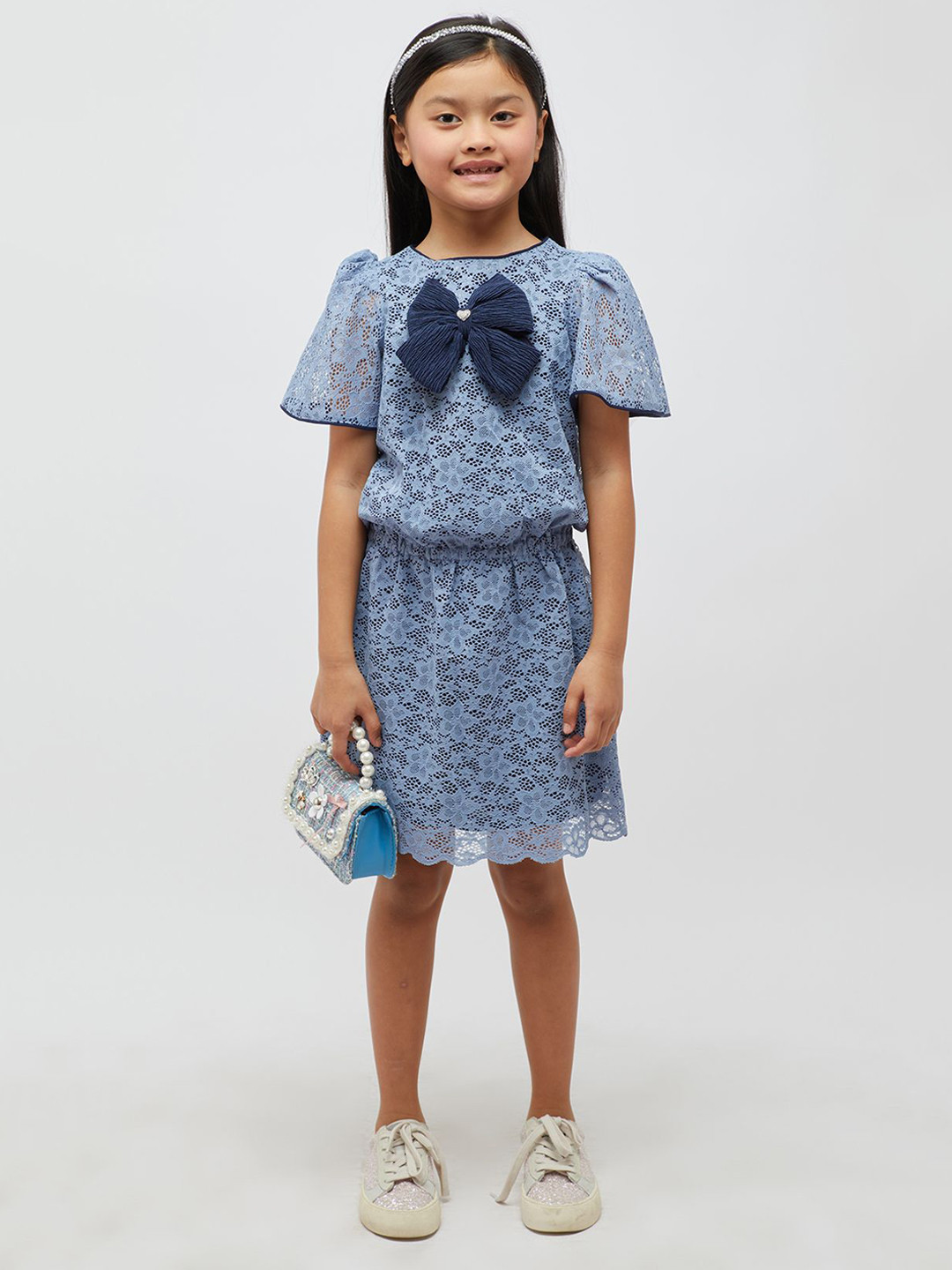 One Friday Girls Floral Self Design Bow A-Line Dress