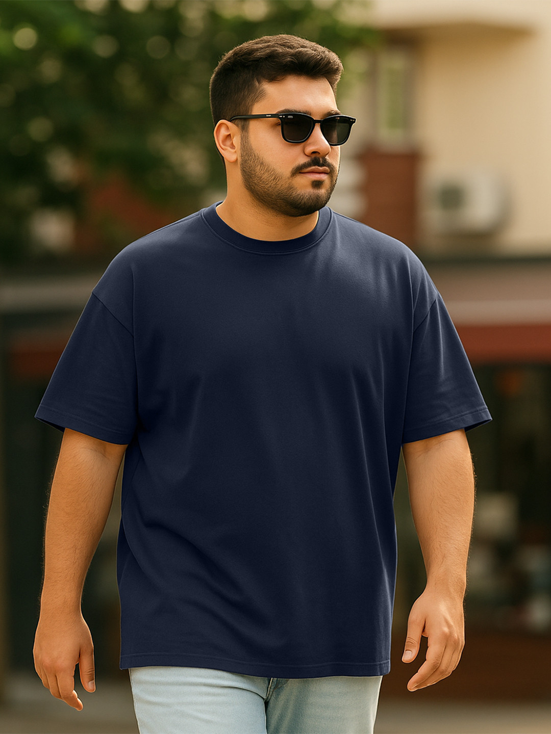 VEIRDO Men Plus Size Navy Blue Solid Round Neck Pure Cotton Oversized T-Shirt