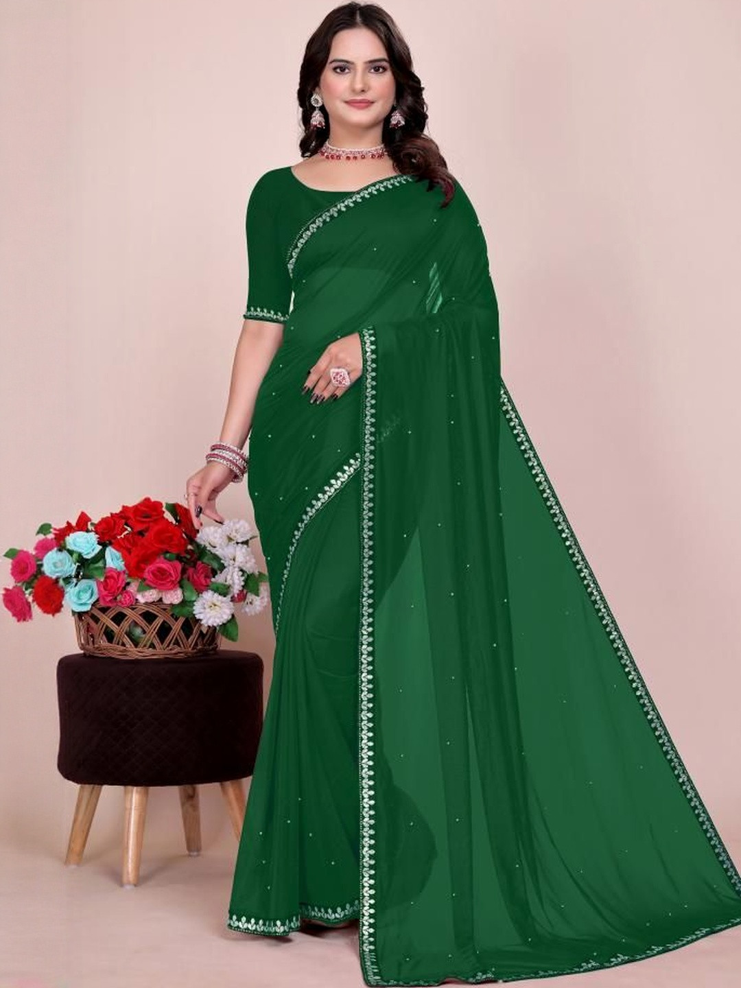 Moda Rapido Beads and Stones Art Silk Lace Border Saree