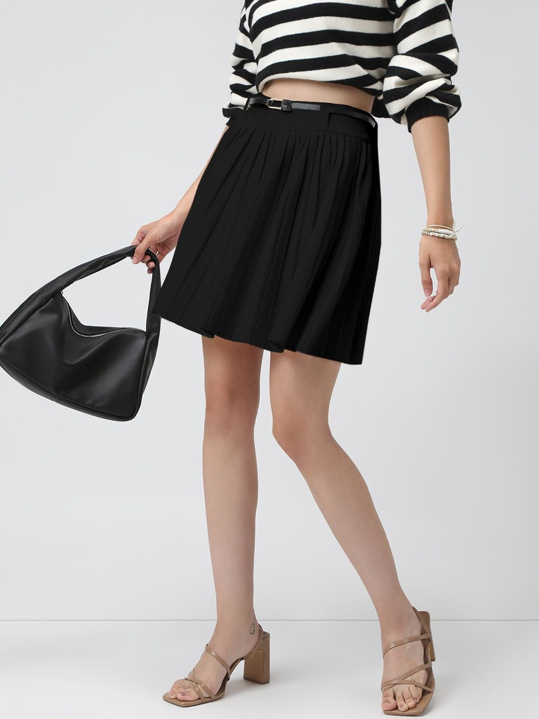 SHOWOFF Women Black Pleated Flared Mini Skirt