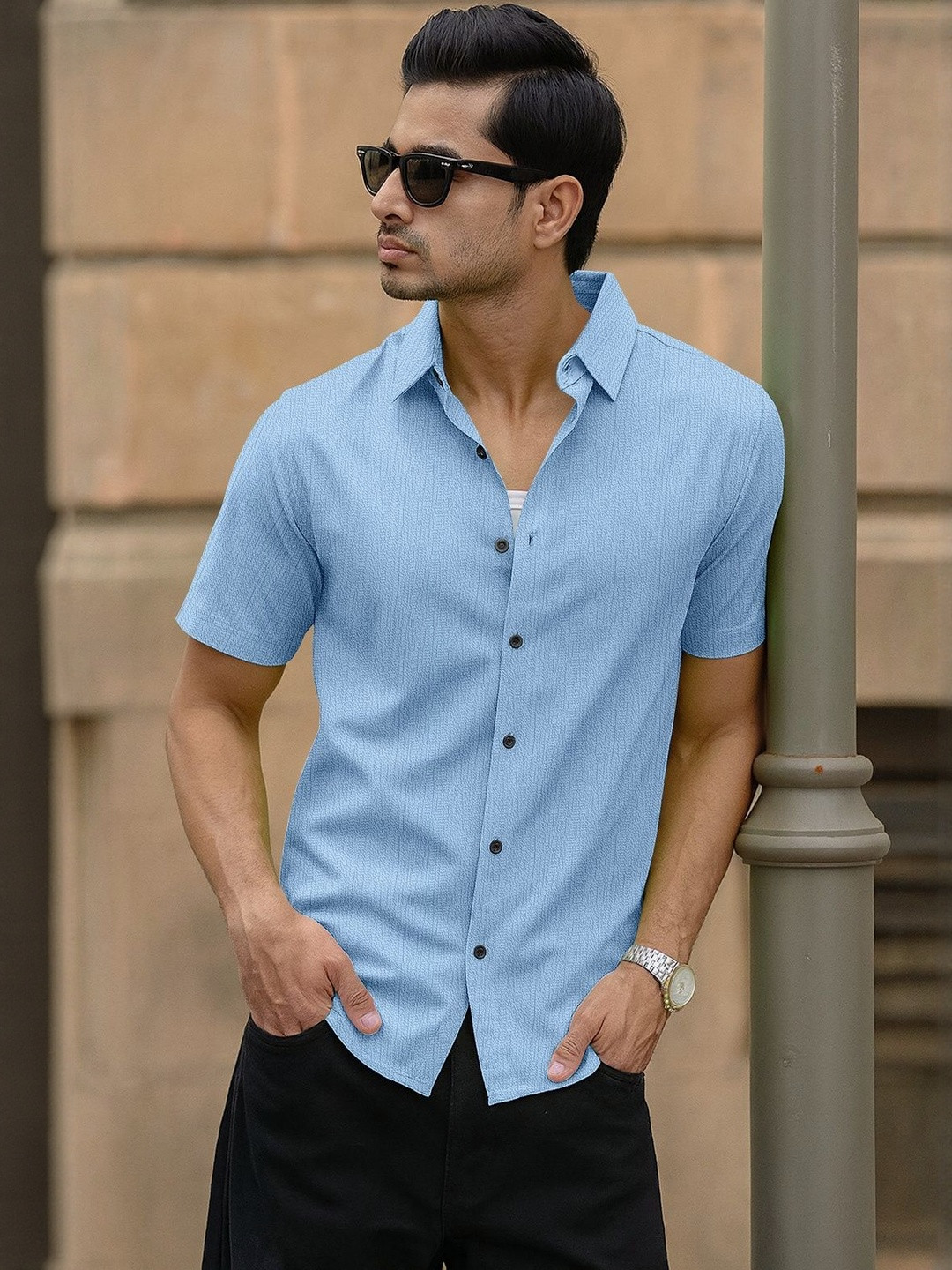 VORTEX Original Slim Fit Textured Short Sleeves Casual Shirt