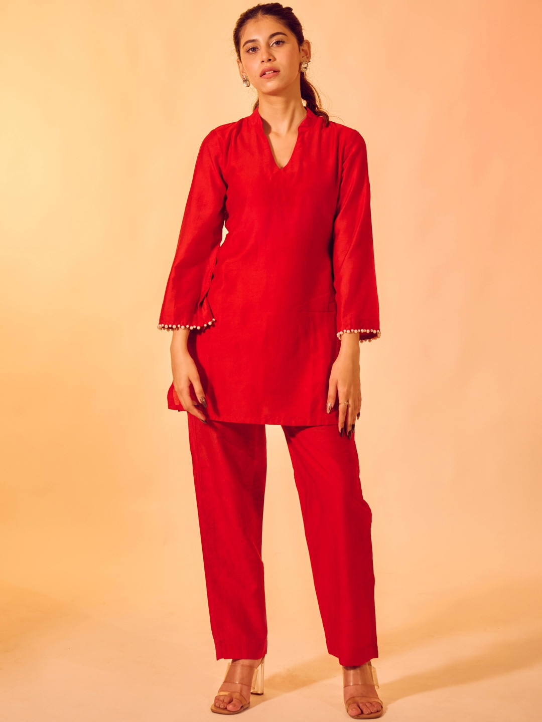 THE HOUSE OF INDU Solid Mandarin Collar Long Sleeves Tunics With Trousers