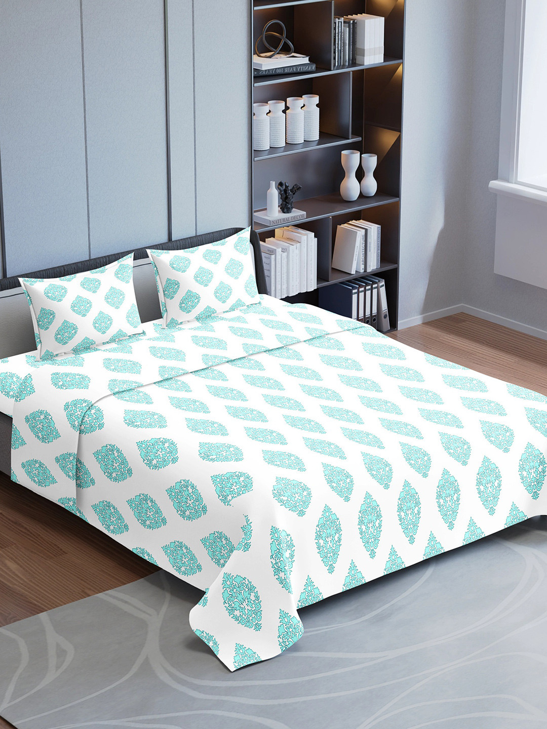 Synergized Cotton White Ethnic Motifs Cotton Breathable 220 TC King Fine Bedsheet with 2 Pillow Covers-108 x 108 inches