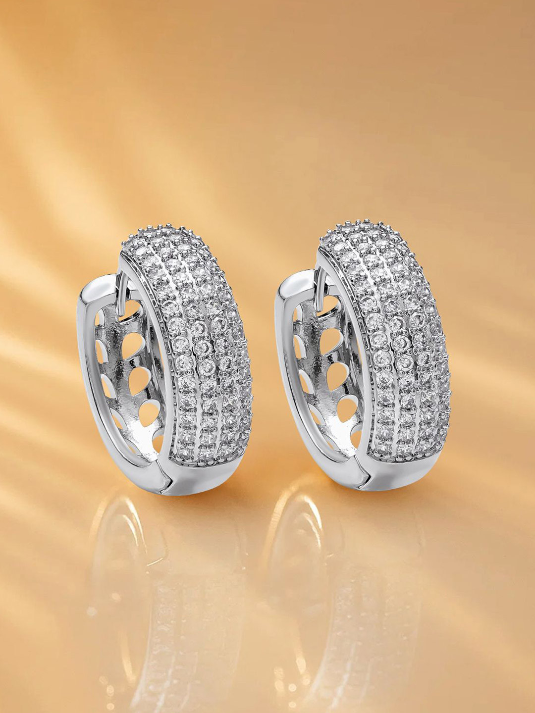 Rubans Rhodium-Plated Brass Pave Classic Hoop Earrings with Clear Cubic Zirconia Detailing