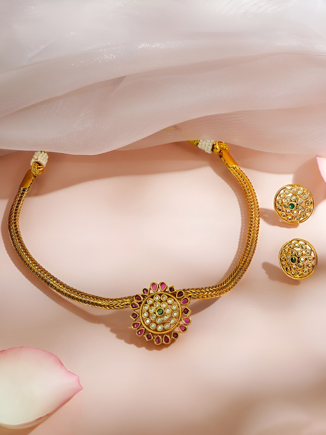 Rubans 18K Gold-Plated Kundan, Ruby Red & Emerald Green Stones Floral Choker Necklace Set