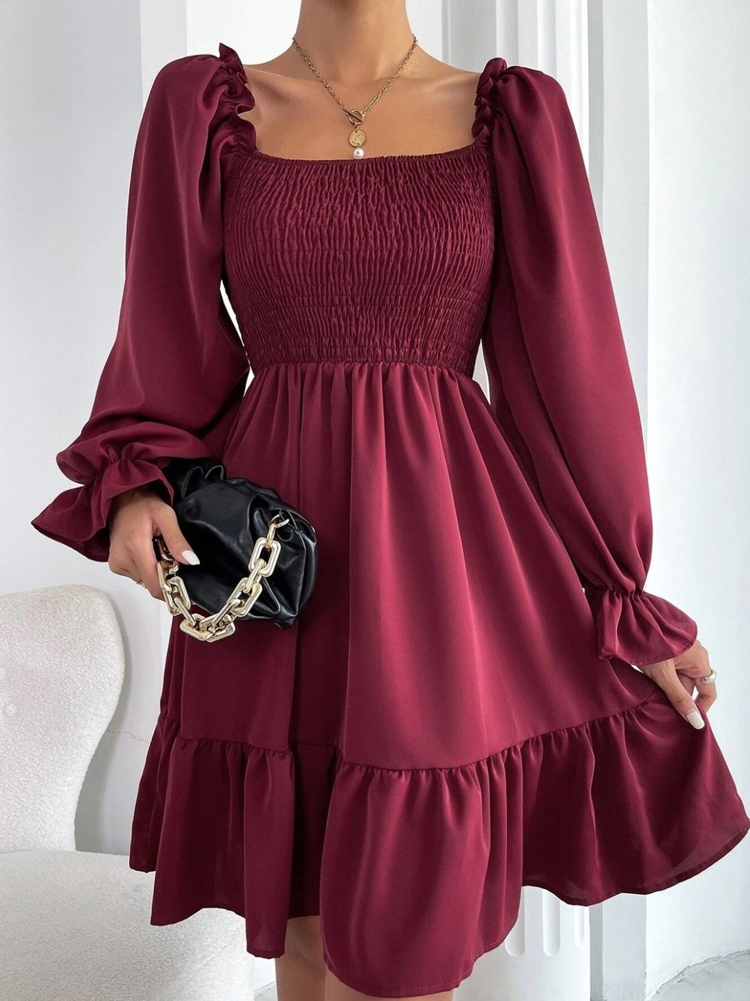 fanery sue Women Puff Sleeve Smocked Fit & Flare Dress