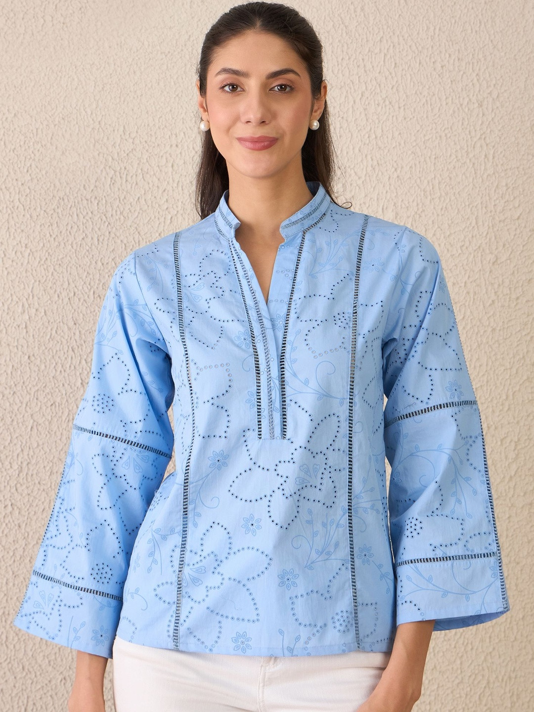 DELAN Women Floral Embroidered Schiffli Mandarin Collar Cotton Top