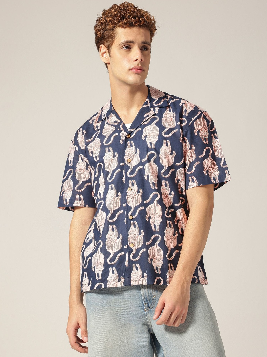 DENNISON Animal Printed Drop Shoulder Oversized Comfort Cotton Casual Shirt