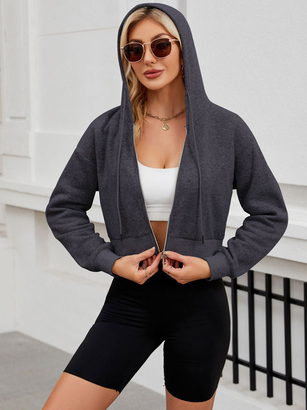 StyleCast Women Zip-Up Hooded Crop Jacket