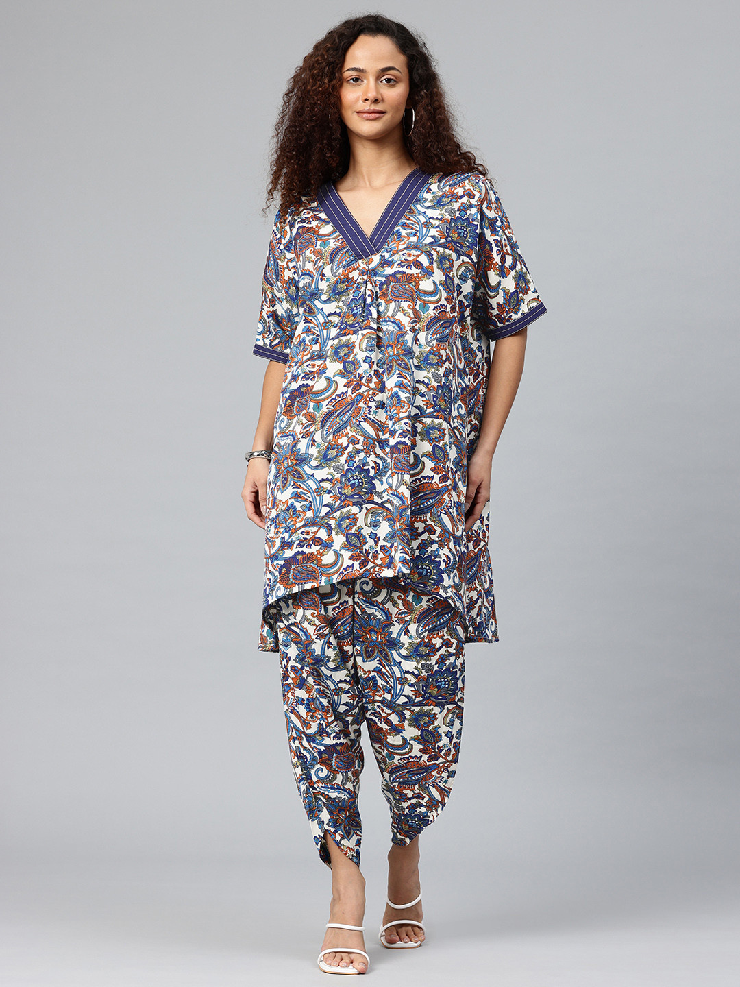 Cottinfab Floral Printed V-Neck Extended Sleeves A-Line Kurta with Dhoti Pants
