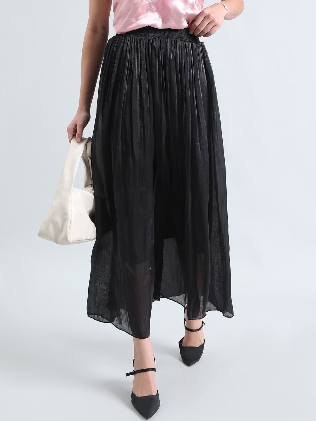 SHOWOFF Women Black Wide Leg Sheer With Half Lining Chiffon Palazzos