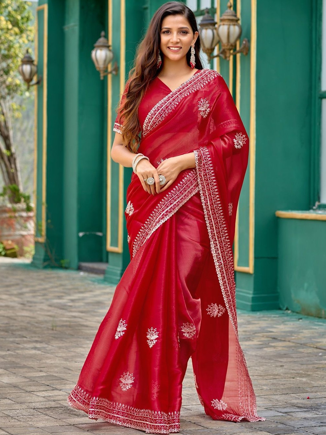 Suha Women Red Sequins Embellished Poly Chiffon Saree