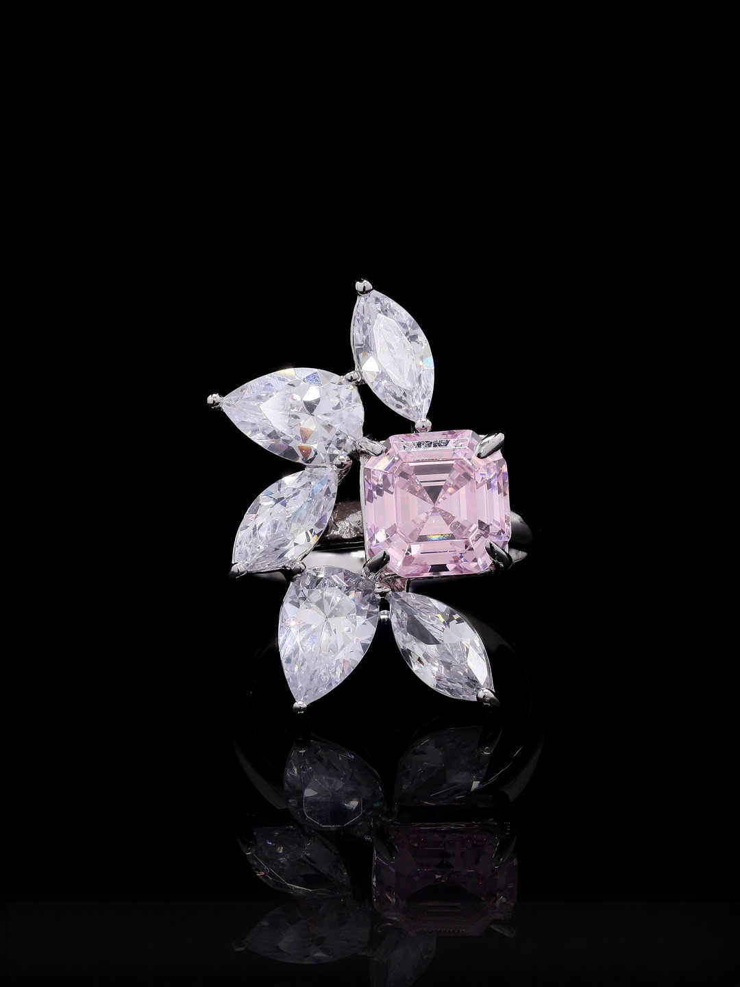 Twenty One Jewels Women 925 Silver Pink Ascher Cut Solitaire Finger Ring