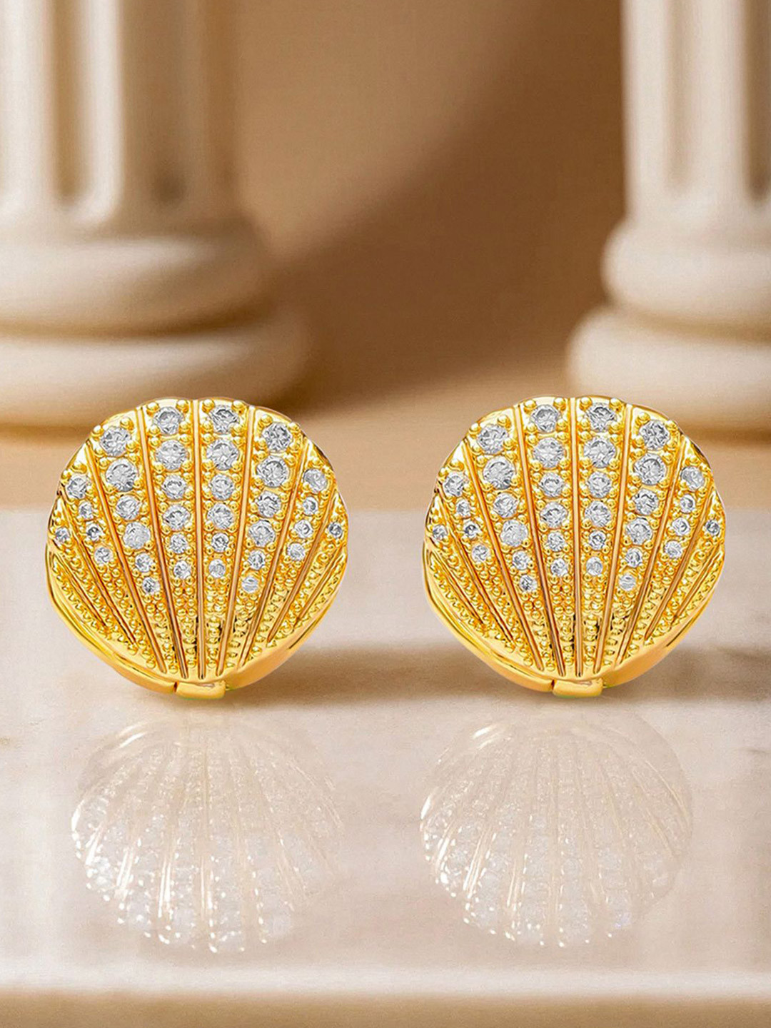 Rubans 18K Gold-Plated Shell Motif Clip-On Earrings with Sparkling Cubic Zirconia