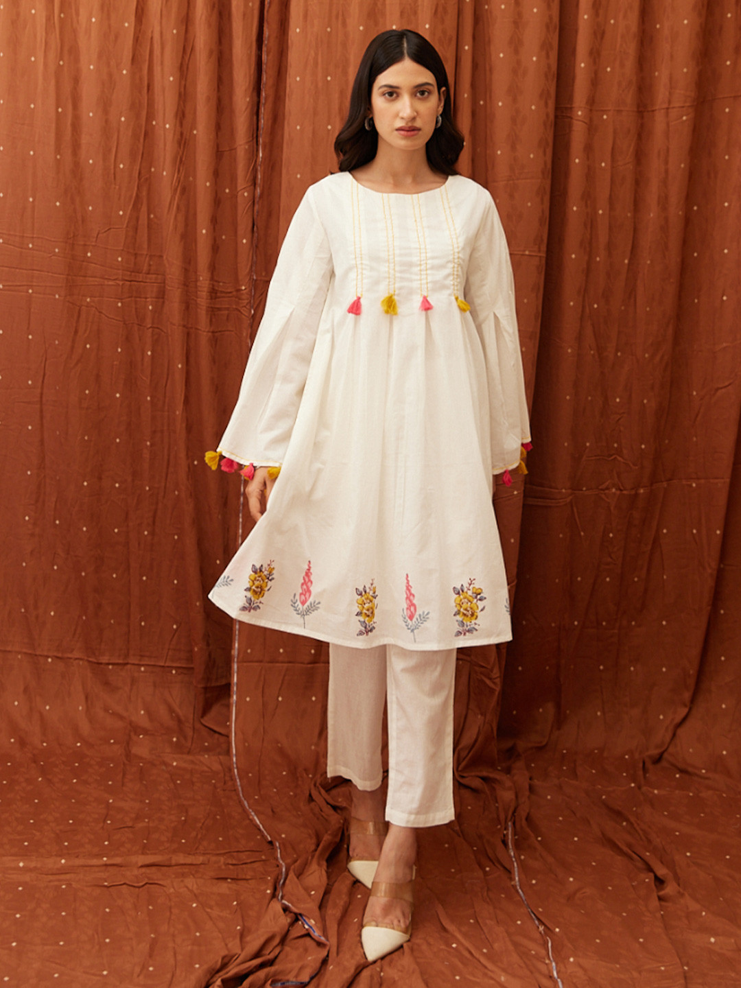 MAAND Block Print with Handwork Boat Neck A-Line Pure Cotton Kurta With Trousers