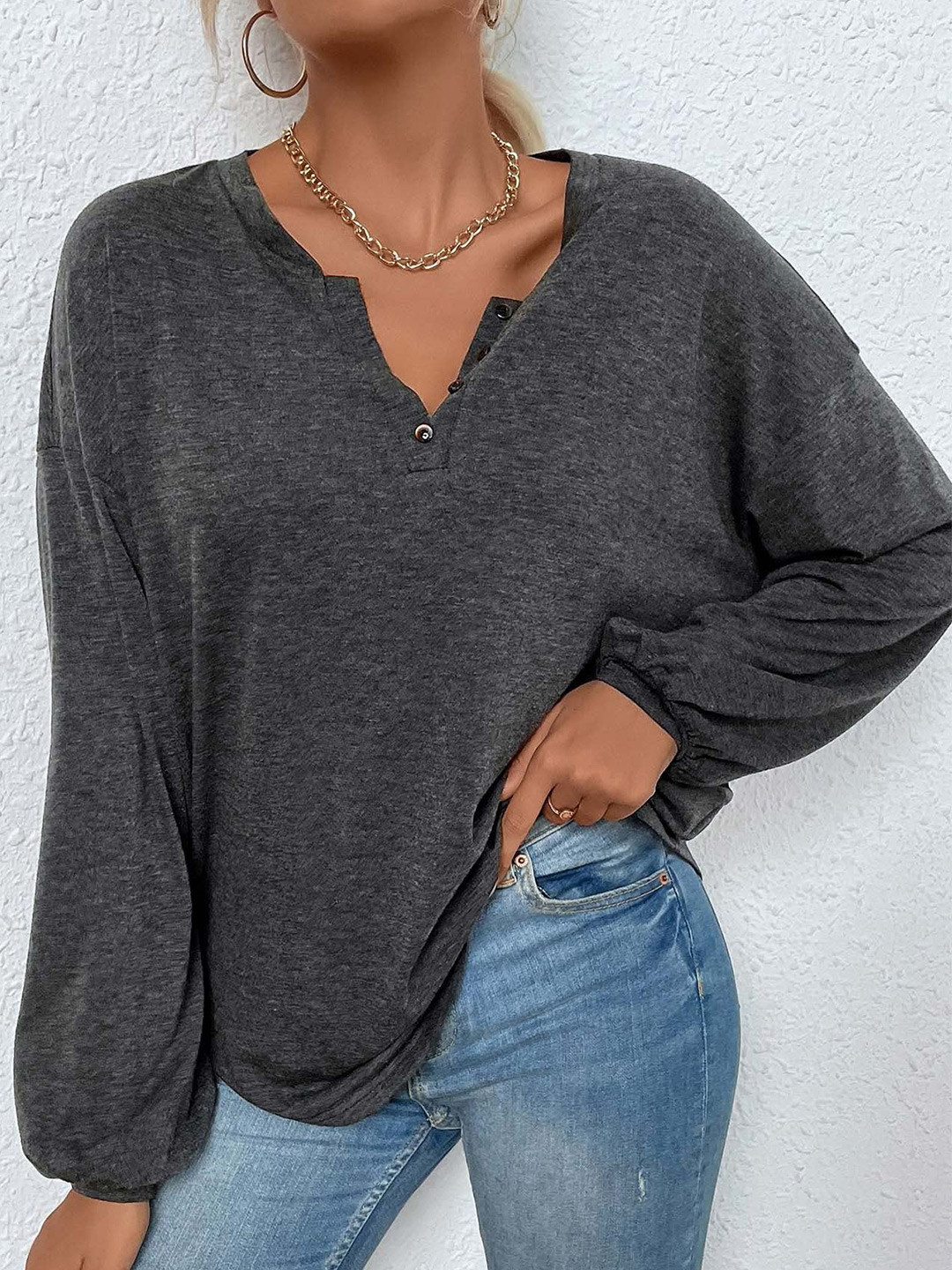 Outzidr Women Round Neck Long Sleeves Front Button Pullover Sweatshirt