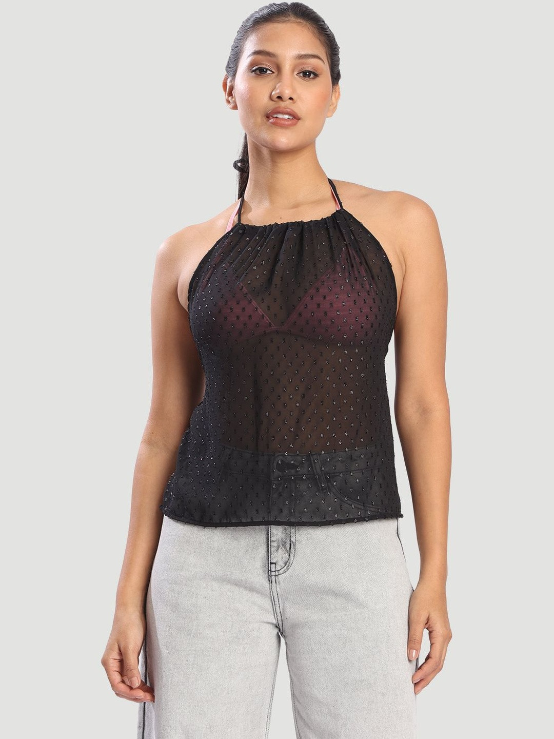 Bene Kleed Embellished Halter Neck Sheer Top